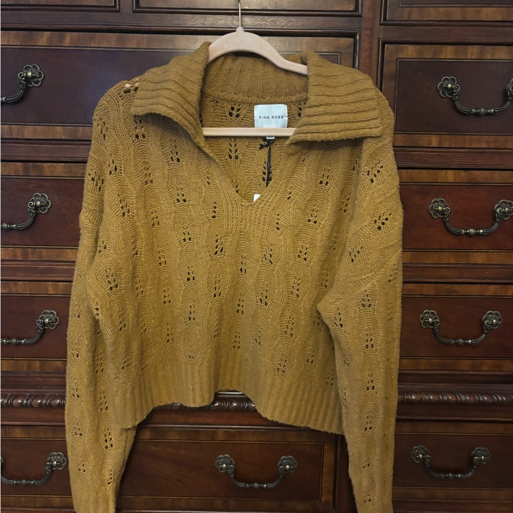 Pink Rose Bronze Caramel V-Neck Sweater NWT